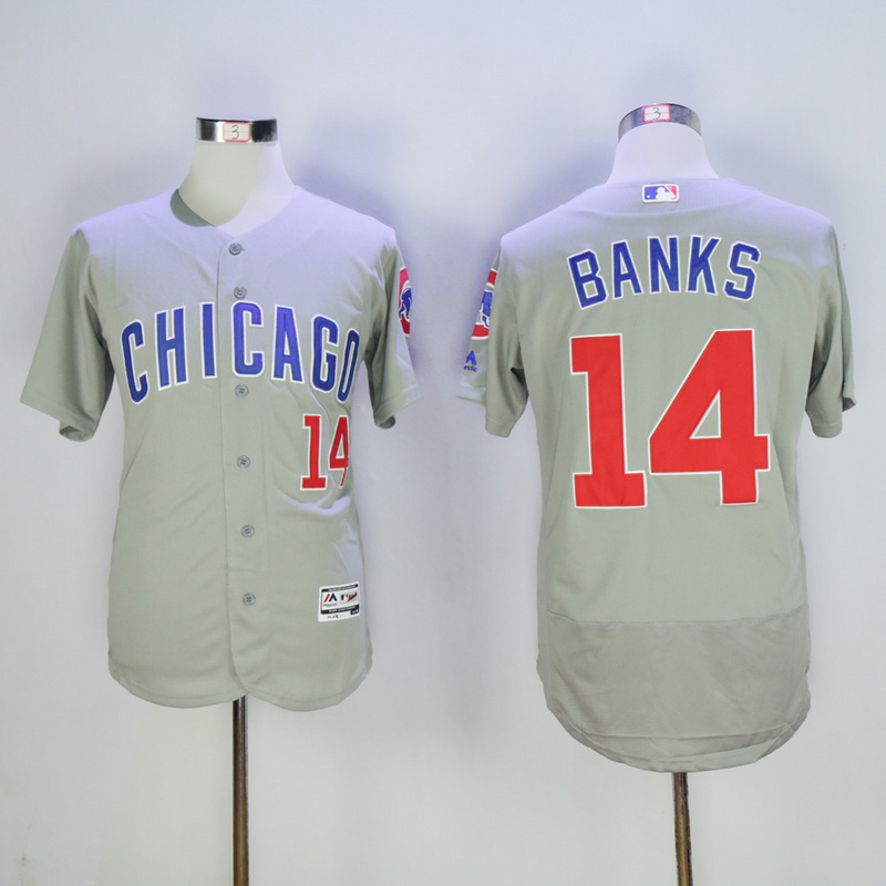 Men Chicago Cubs #14 Banks Grey Throwback MLB Jerseys